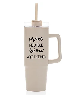 PRÁCE NEUTEČE, KÁVA VYSTYDNE! - béžový cestovní termohrnek s průhledným víčkem 900 ml