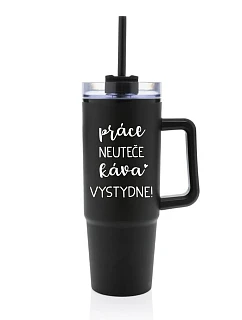 PRÁCE NEUTEČE, KÁVA VYSTYDNE! - černý cestovní termohrnek s průhledným víčkem 900 ml