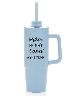 PRÁCE NEUTEČE, KÁVA VYSTYDNE! - světle modrý cestovní termohrnek s průhledným víčkem 900 ml