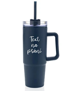 TEXT NA PŘÁNÍ - tmavě modrý cestovní termohrnek s průhledným víčkem 900 ml