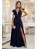 Dámské elegantní maxi šaty s volánky 660-1 tmavě modré - Numoco
