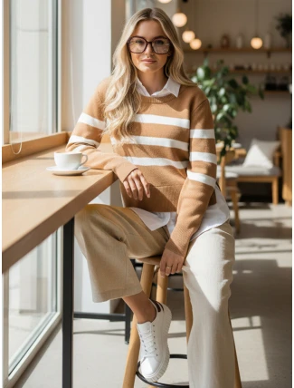 Dámský pruhovaný svetr ASTRIDA camel FashionStreet MY2226