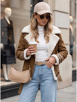 Dámská semišová bunda LEVERINO s ovčí kůží ve velbloudí barvě FashionStreet TY4733