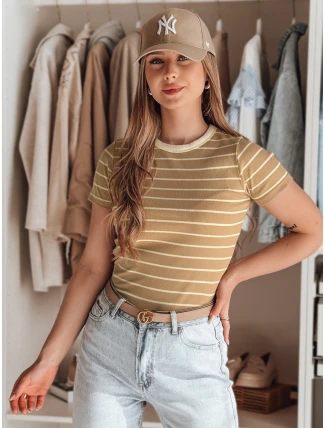 LINESS dámské pruhované basic tričko camel FashionStreet RY2819