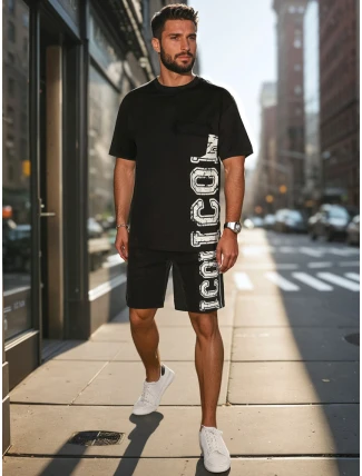 Pánská černá souprava s potiskem FashionStreet AX0802