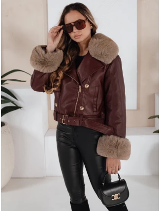 Dámská kožená bunda s kožešinou vínová FashionStreet TY5208