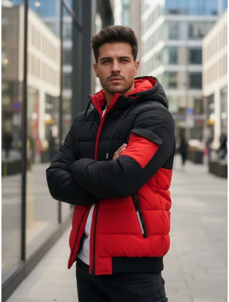 Pánská červeno-černá zimní bunda s kapucí FashionStreet TX5099 Pánská červeno-černá zimní bunda s kapucí FashionStreet TX5099