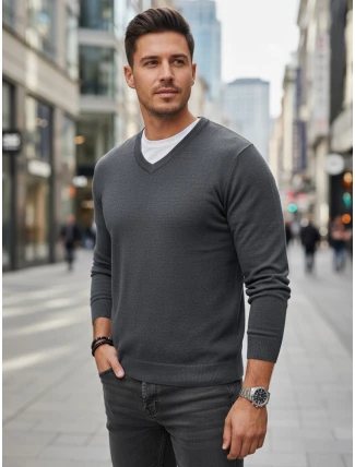 Pánský světle šedý svetr s výstřihem FashionStreet WX2316 Pánský světle šedý svetr s výstřihem FashionStreet WX2316