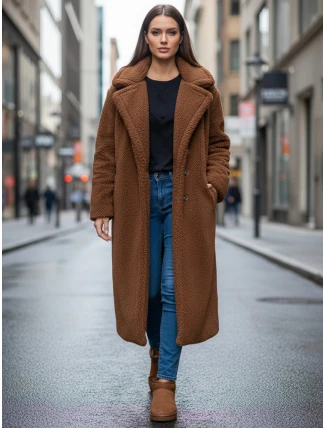 Dámský zimní kabát teddy s kožešinou dlouhý camel FashionStreet NY0759z