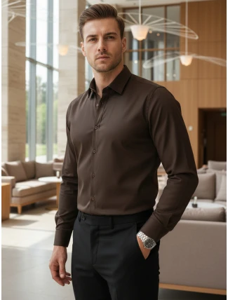 Pánská elegantní hladká tmavě hnědá košile SLIM FIT FashionStreet DX2679