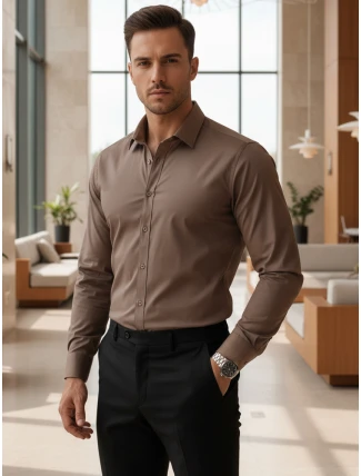 Pánská elegantní hladká hnědá košile REGULAR FIT FashionStreet DX2684 Pánská elegantní hladká hnědá košile REGULAR FIT FashionStreet DX2684