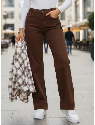 Dámské džíny s vysokým pasem a širokými nohavicemi hnědé FashionStreet UY2877 Dámské džíny s vysokým pasem a širokými nohavicemi hnědé FashionStreet UY2877