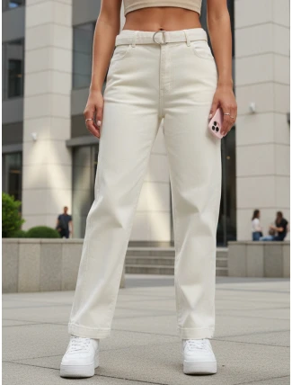 Dámské džíny regular fit s vysokým pasem a páskem krémové FashionStreet UY2914