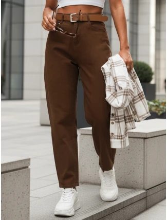 Dámské kalhoty s vysokým pasem a páskem hnědé FashionStreet UY2920