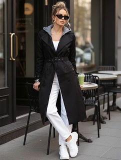 Dámský dvouřadý trenčkot s kapucí černý FashionStreet TY5654