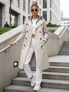 Dámský dvouřadý trenčkot s kapucí světle béžový FashionStreet TY5655