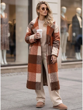 Płaszcz damski dwurzędowy z wełną w kratę pomarańczowy FashionStreet NY0824 Płaszcz damski dwurzędowy z wełną w kratę pomarańczowy FashionStreet NY0824