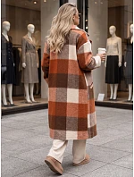 Płaszcz damski dwurzędowy z wełną w kratę pomarańczowy FashionStreet NY0824 Płaszcz damski dwurzędowy z wełną w kratę pomarańczowy FashionStreet NY0824