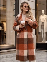 Płaszcz damski dwurzędowy z wełną w kratę pomarańczowy FashionStreet NY0824 Płaszcz damski dwurzędowy z wełną w kratę pomarańczowy FashionStreet NY0824