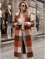 Płaszcz damski dwurzędowy z wełną w kratę pomarańczowy FashionStreet NY0824 Płaszcz damski dwurzędowy z wełną w kratę pomarańczowy FashionStreet NY0824