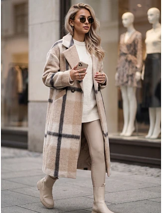 Płaszcz damski dwurzędowy z wełną w kratę beżowy FashionStreet NY0827 Płaszcz damski dwurzędowy z wełną w kratę beżowy FashionStreet NY0827