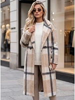 Płaszcz damski dwurzędowy z wełną w kratę beżowy FashionStreet NY0827 Płaszcz damski dwurzędowy z wełną w kratę beżowy FashionStreet NY0827