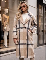 Płaszcz damski dwurzędowy z wełną w kratę beżowy FashionStreet NY0827 Płaszcz damski dwurzędowy z wełną w kratę beżowy FashionStreet NY0827