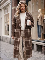 Płaszcz damski długi dwurzędowy z wełną w kratę brązowy FashionStreet NY0828 Płaszcz damski długi dwurzędowy z wełną w kratę brązowy FashionStreet NY0828