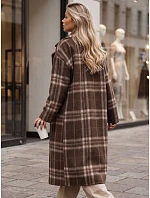 Płaszcz damski długi dwurzędowy z wełną w kratę brązowy FashionStreet NY0828 Płaszcz damski długi dwurzędowy z wełną w kratę brązowy FashionStreet NY0828
