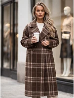 Płaszcz damski długi dwurzędowy z wełną w kratę brązowy FashionStreet NY0828 Płaszcz damski długi dwurzędowy z wełną w kratę brązowy FashionStreet NY0828