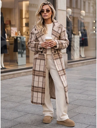 Płaszcz damski długi dwurzędowy z wełną w kratę beżowy FashionStreet NY0829 Płaszcz damski długi dwurzędowy z wełną w kratę beżowy FashionStreet NY0829