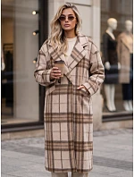 Płaszcz damski długi dwurzędowy z wełną w kratę beżowy FashionStreet NY0829 Płaszcz damski długi dwurzędowy z wełną w kratę beżowy FashionStreet NY0829