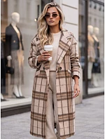 Płaszcz damski długi dwurzędowy z wełną w kratę beżowy FashionStreet NY0829 Płaszcz damski długi dwurzędowy z wełną w kratę beżowy FashionStreet NY0829
