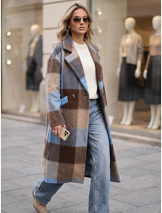 Płaszcz damski dwurzędowy z wełną w kratę niebieski FashionStreet NY0831 Płaszcz damski dwurzędowy z wełną w kratę niebieski FashionStreet NY0831