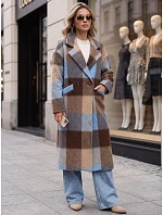 Płaszcz damski dwurzędowy z wełną w kratę niebieski FashionStreet NY0831 Płaszcz damski dwurzędowy z wełną w kratę niebieski FashionStreet NY0831
