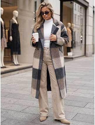Płaszcz damski dwurzędowy z wełną w kratę granatowy FashionStreet NY0832 Płaszcz damski dwurzędowy z wełną w kratę granatowy FashionStreet NY0832