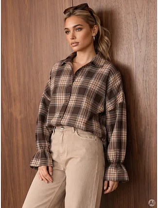 Volná dámská kostkovaná košile s volánky, hnědá, FashionStreet DY0514 Volná dámská kostkovaná košile s volánky, hnědá, FashionStreet DY0514