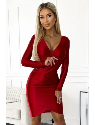 477-2 Saténové šaty s obálkovým výstřihem a dlouhými rukávy - ČERVENÉ 477-2 Saténové šaty s obálkovým výstřihem a dlouhými rukávy - ČERVENÉ