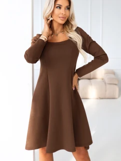 574-2 IVANA pohodlné trapézové šaty s výstřihem a dlouhými rukávy - čokoládové