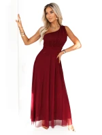 656-1 Dlouhé třpytivé večerní šaty na jedno rameno - vínové