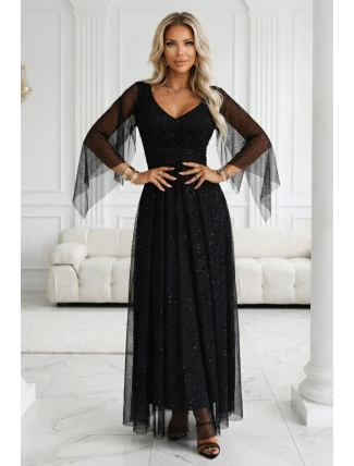 655-1 Dlouhé lehké třpytivé šaty s výstřihem a průhlednými rukávy - černé 655-1 Dlouhé lehké třpytivé šaty s výstřihem a průhlednými rukávy - černé