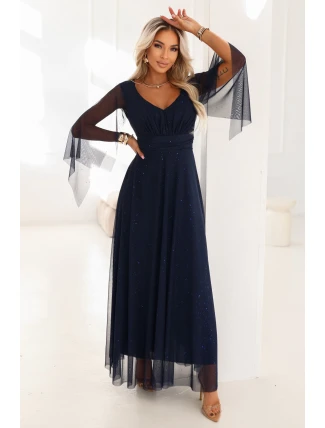 655-3 Dlouhé lehké třpytivé šaty s výstřihem a průhlednými rukávy - tmavě modré 655-3 Dlouhé lehké třpytivé šaty s výstřihem a průhlednými rukávy - tmavě modré