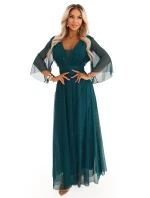 654-1 Dlouhé lesklé plus size šaty s výstřihem a průhlednými rukávy - lahvově zelené 654-1 Dlouhé lesklé plus size šaty s výstřihem a průhlednými rukávy - lahvově zelené