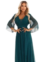 654-1 Dlouhé lesklé plus size šaty s výstřihem a průhlednými rukávy - lahvově zelené 654-1 Dlouhé lesklé plus size šaty s výstřihem a průhlednými rukávy - lahvově zelené