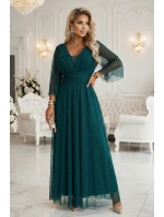 654-1 Dlouhé lesklé plus size šaty s výstřihem a průhlednými rukávy - lahvově zelené 654-1 Dlouhé lesklé plus size šaty s výstřihem a průhlednými rukávy - lahvově zelené