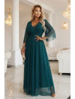 654-1 Dlouhé lesklé plus size šaty s výstřihem a průhlednými rukávy - lahvově zelené 654-1 Dlouhé lesklé plus size šaty s výstřihem a průhlednými rukávy - lahvově zelené