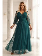 654-1 Dlouhé lesklé plus size šaty s výstřihem a průhlednými rukávy - lahvově zelené 654-1 Dlouhé lesklé plus size šaty s výstřihem a průhlednými rukávy - lahvově zelené
