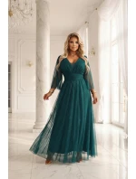 654-1 Dlouhé lesklé plus size šaty s výstřihem a průhlednými rukávy - lahvově zelené 654-1 Dlouhé lesklé plus size šaty s výstřihem a průhlednými rukávy - lahvově zelené