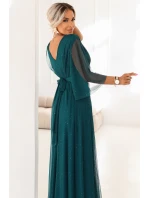 654-1 Dlouhé lesklé plus size šaty s výstřihem a průhlednými rukávy - lahvově zelené 654-1 Dlouhé lesklé plus size šaty s výstřihem a průhlednými rukávy - lahvově zelené