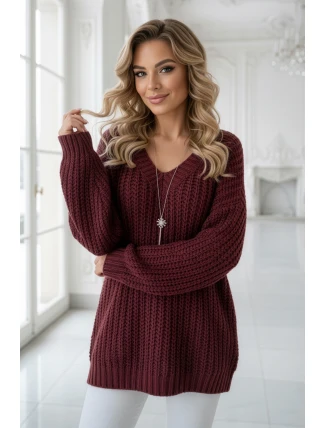 661-1 Teplý svetr oversize s fleecovou vazbou a výstřihem do V - vínový